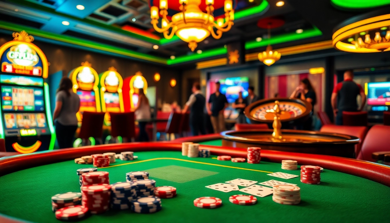 Experience F168's thrilling casino atmosphere with vibrant games, poker chips, and players.