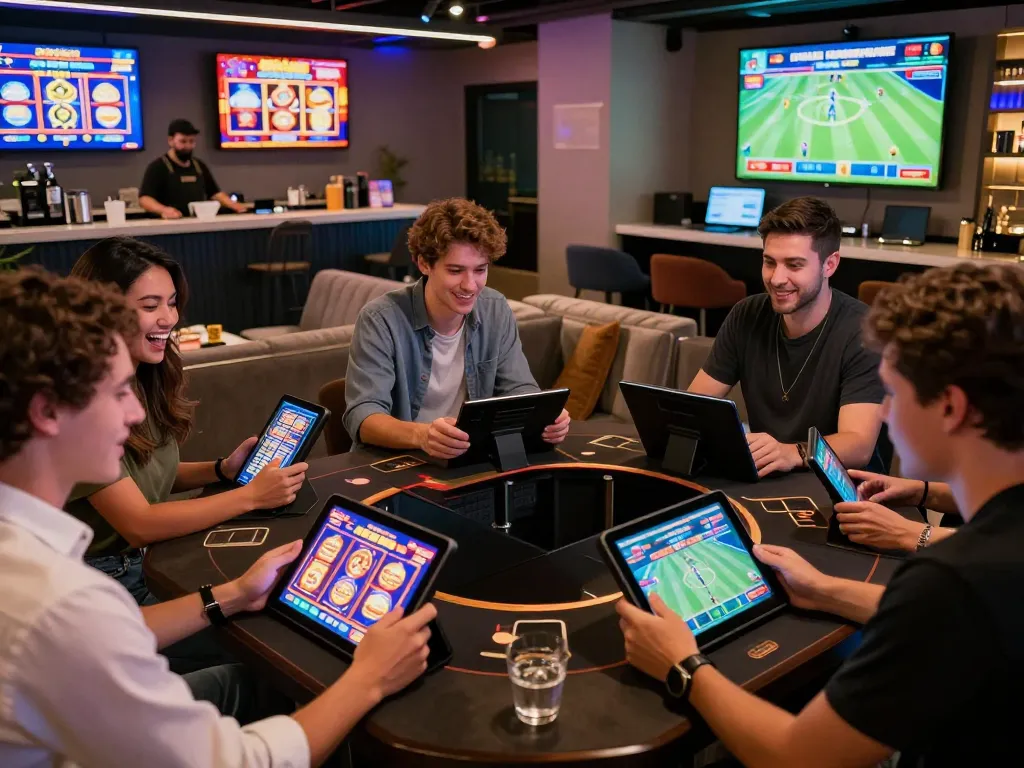 Engaged friends enjoying online gaming at a virtual casino at https://xibet.cam/ with vibrant screens and lively atmosphere.