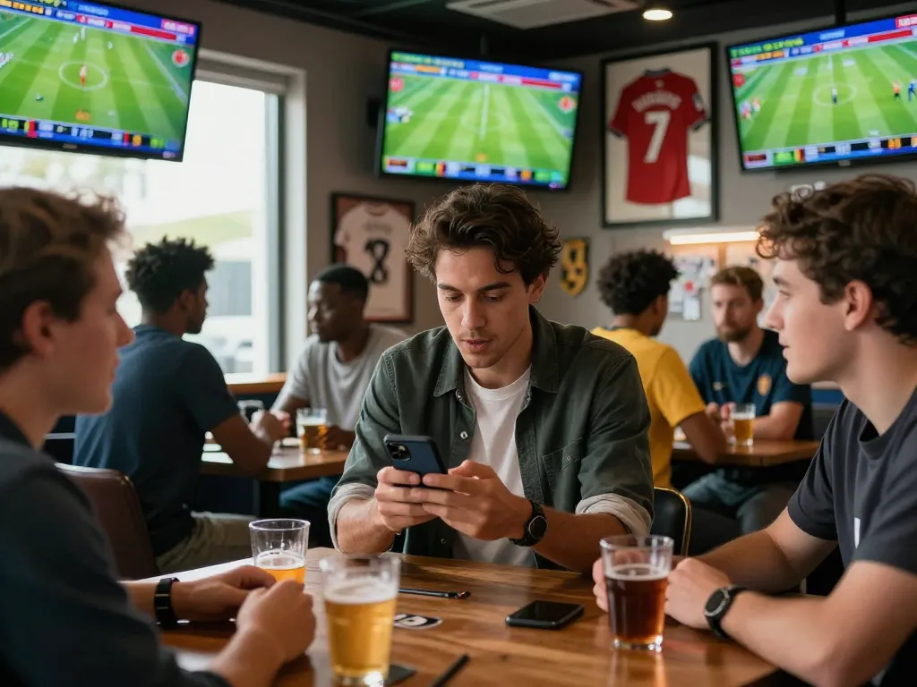 Exciting sports betting atmosphere with gamblers checking 1gom match odds in a lively bar.