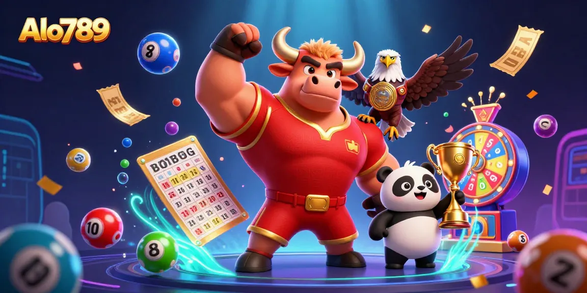 Alo789 showcases a dynamic victory scene with a bull, eagle, and panda amid vibrant casino elements.