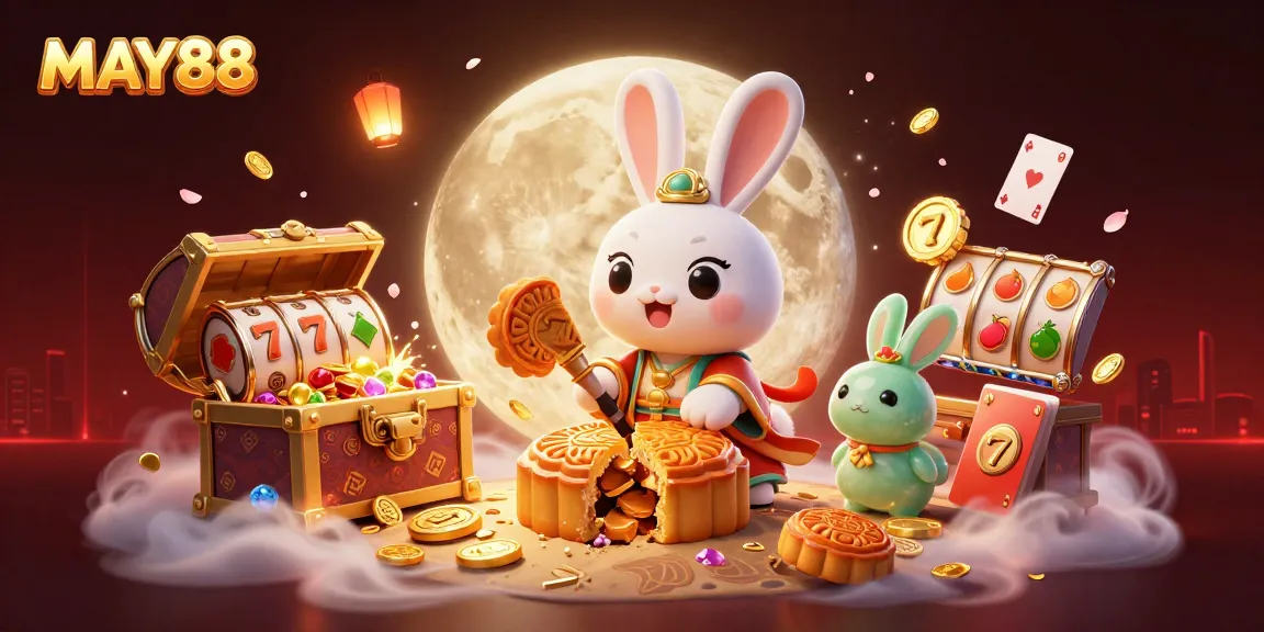 MAY88 engages players with an animated scene of fortune featuring a moon rabbit, jackpot symbols, and glowing treasures.