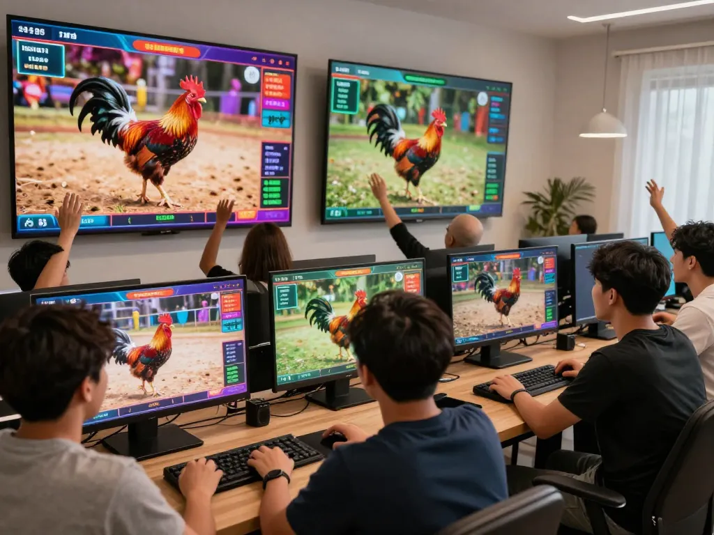 Exciting online betting experience at https://ga179.press/ with players cheering for live cockfighting matches.