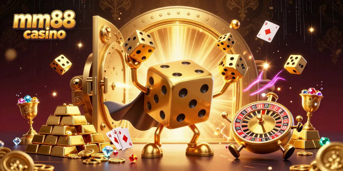 Engage with a vibrant mm88 casino scene featuring animated golden dice, jewels, and rich gaming elements.