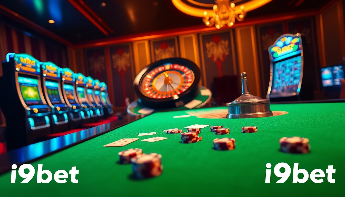 i9bet visualizing an exciting online casino experience with vibrant gaming tables and roulette.