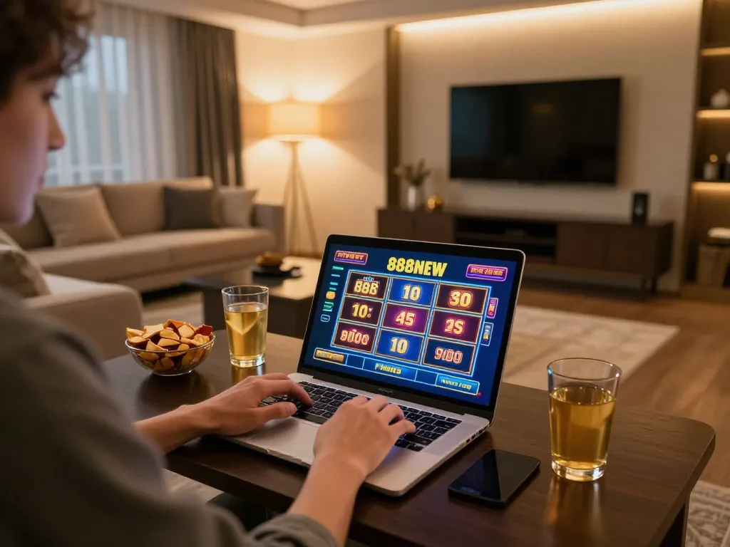 Player engaging with online slots on 888NEW in a stylish living room, showcasing modern gaming experience.