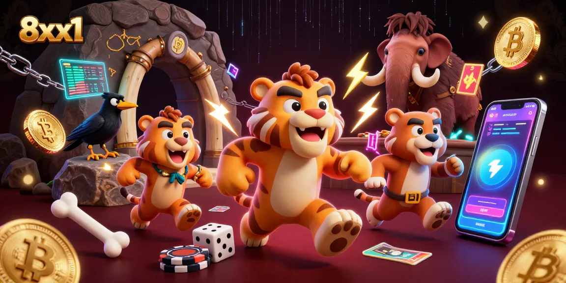 Experience thrilling moments at 8xx1 with a vibrant casino atmosphere featuring crypto elements and unique characters.