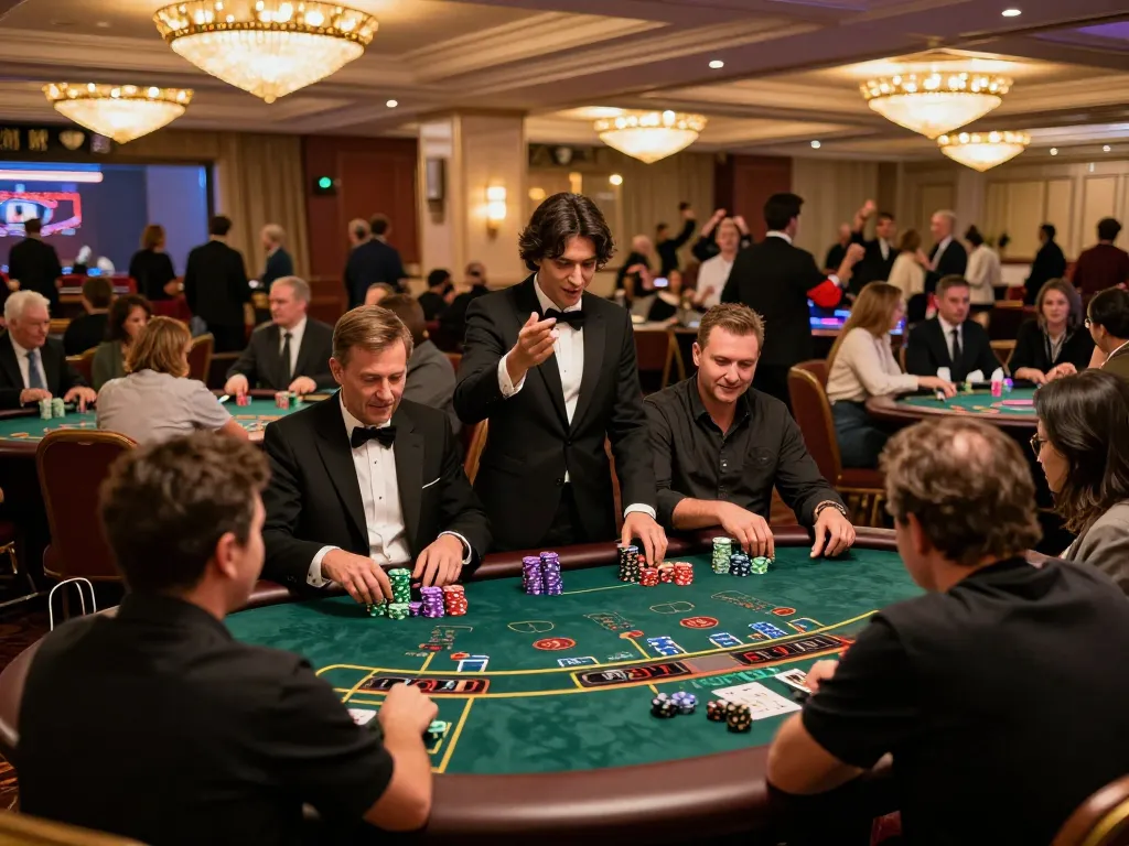 Players enjoying dynamic gameplay at 99WIN casino tables during an exciting evening