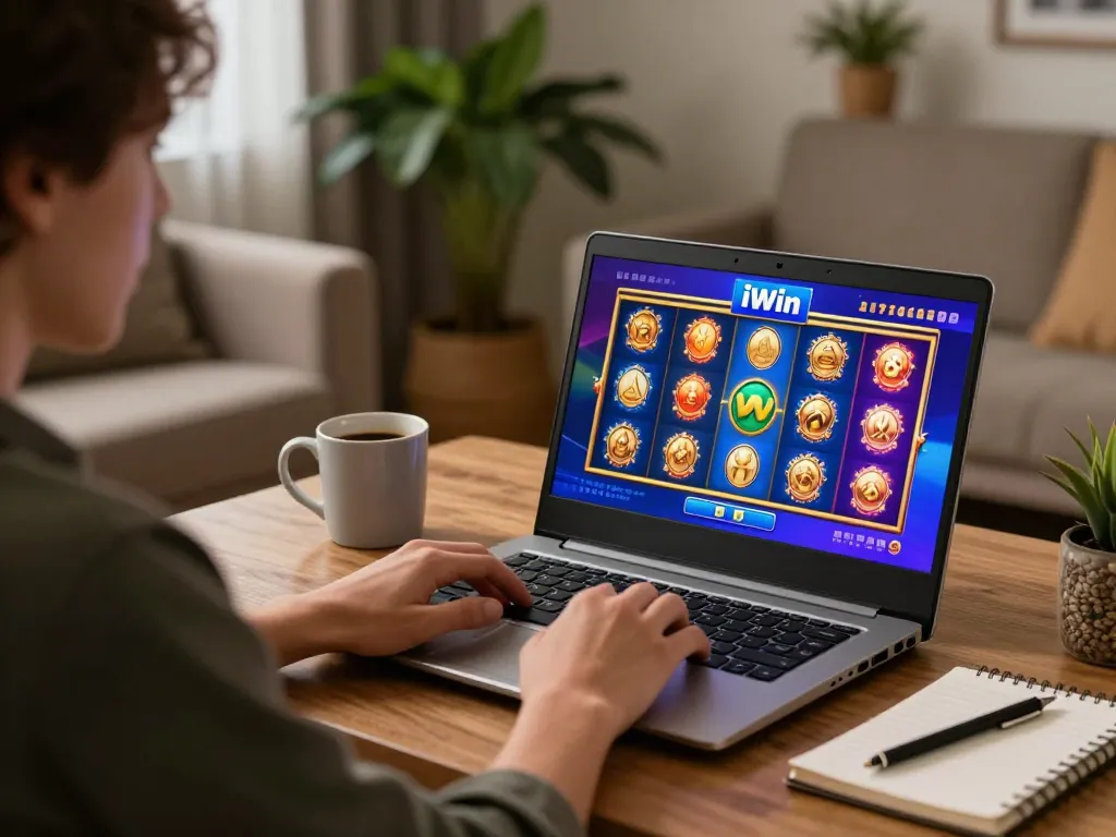 Player engaged in iWin online casino gaming at home during cozy evening, laptop displaying colorful slot game interface.