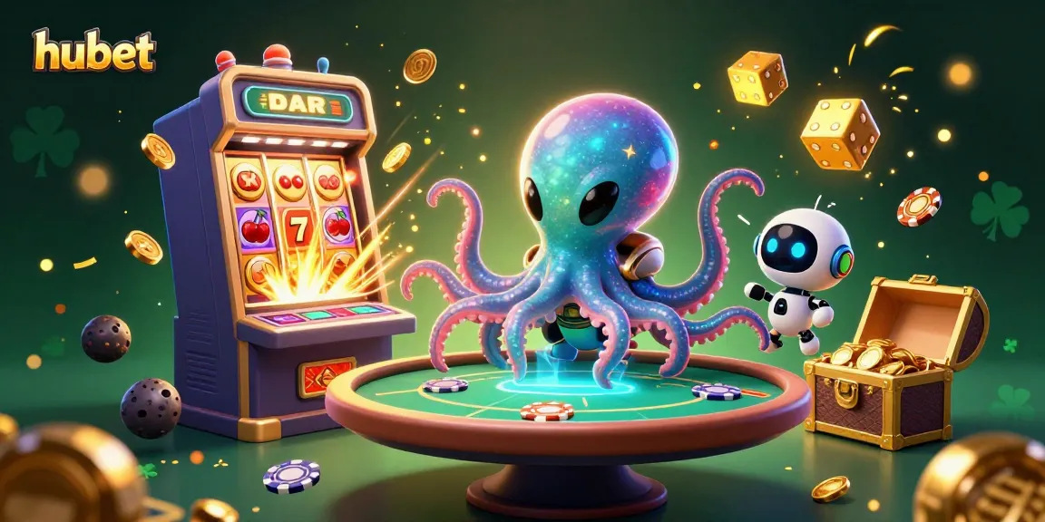 Engage with hubet's alien octopus dealer at a vibrant 3D casino table showcasing thrilling slots!
