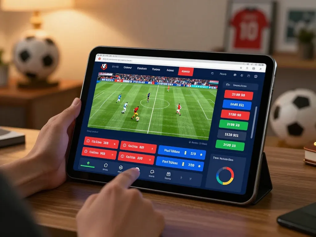 Placing bets on trang cá cược bóng đá while enjoying a home setup with sports memorabilia