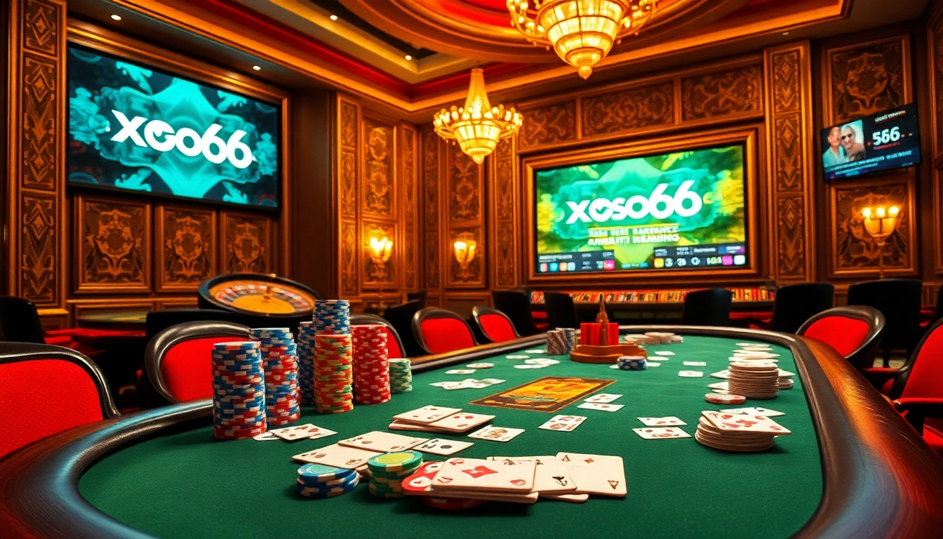 Xoso66 logo displayed in a luxury casino atmosphere with poker tables and vibrant chips.