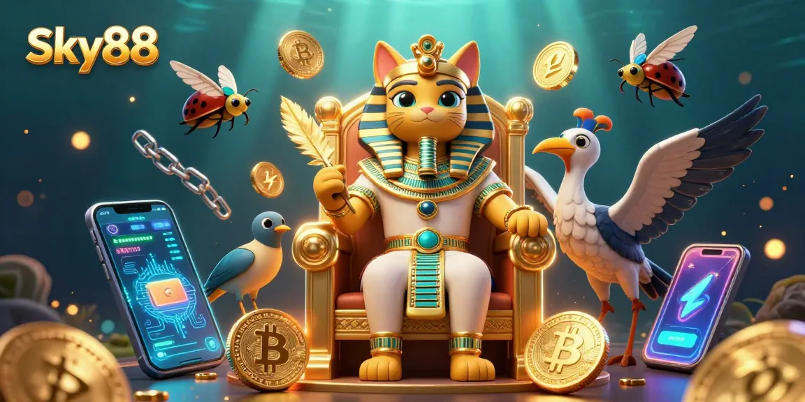 Experience the excitement of Sky88 with a vibrant 3D illustration showcasing a pharaoh cat ruler in a crypto casino