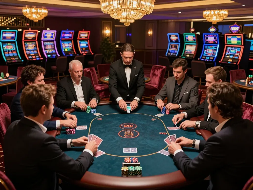 Players strategizing at a VIP poker table in an upscale casino, exploring wins on https://www.atqvn.com/.