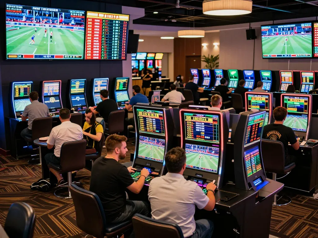 Engaged bettors placing wagers at 77789vip sports betting area, showcasing excitement and strategy amidst live sports screens.