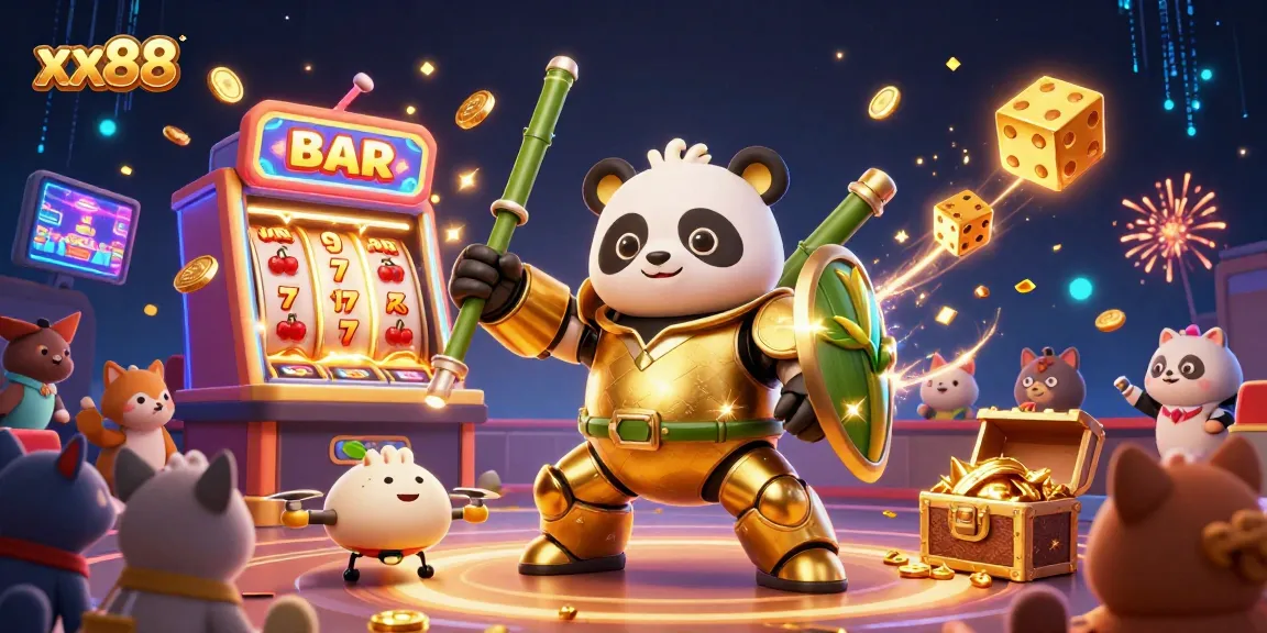 Experience the energetic gaming excitement at xx88 with a vivid 3D illustration of animated casino elements.