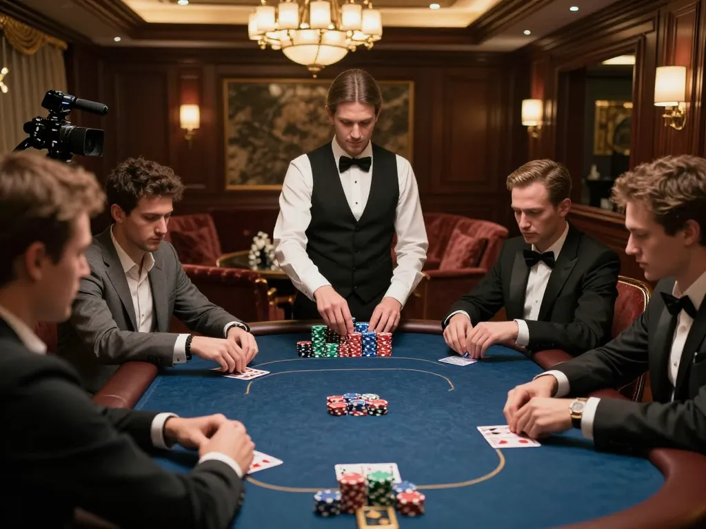 Players engaged in an intense poker game at OKFUN, showcasing strategy and excitement in a luxurious setting.