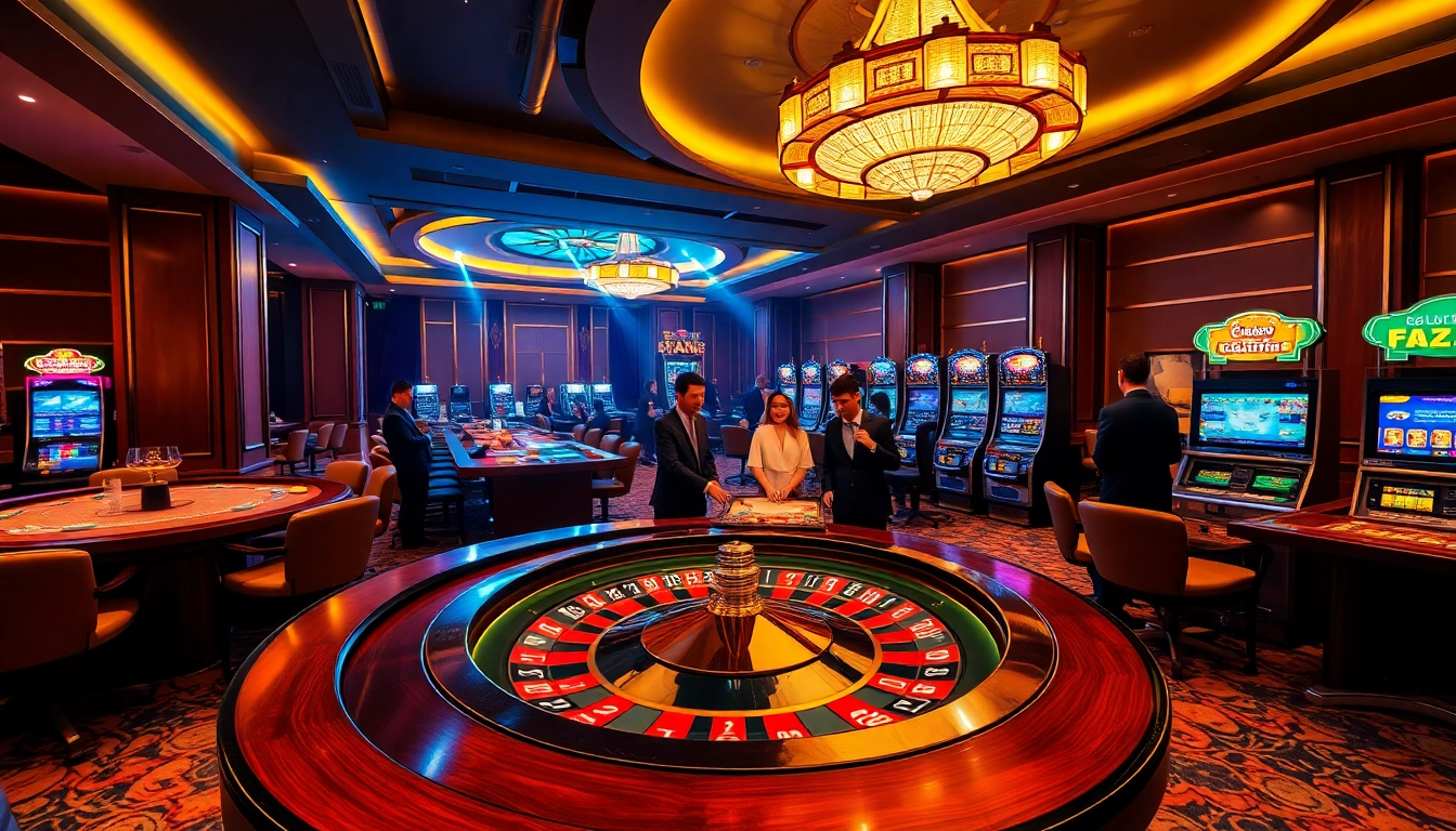 Players enjoying games and winning at LC88 Land casino, with vibrant tables and luxurious ambiance.