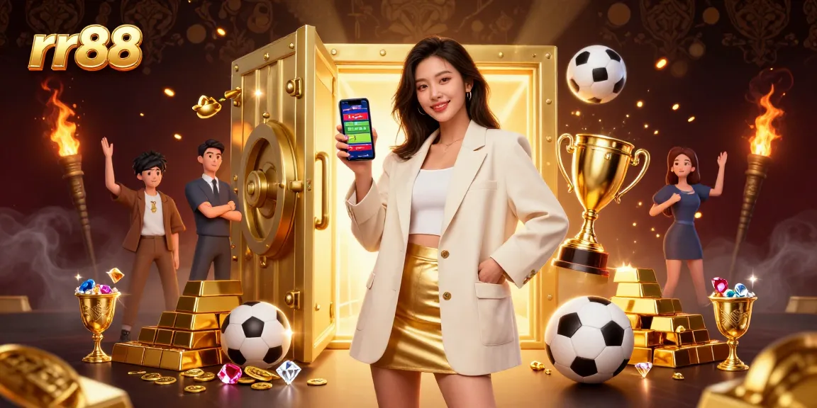 Bet on sports trends at rr88 with a friendly Asian woman showcasing a betting app.