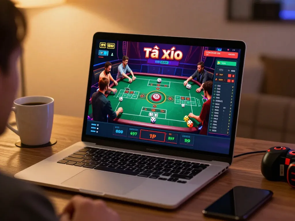 Players enjoying tài xỉu online in a vibrant virtual casino setup, showcasing immersive gaming excitement