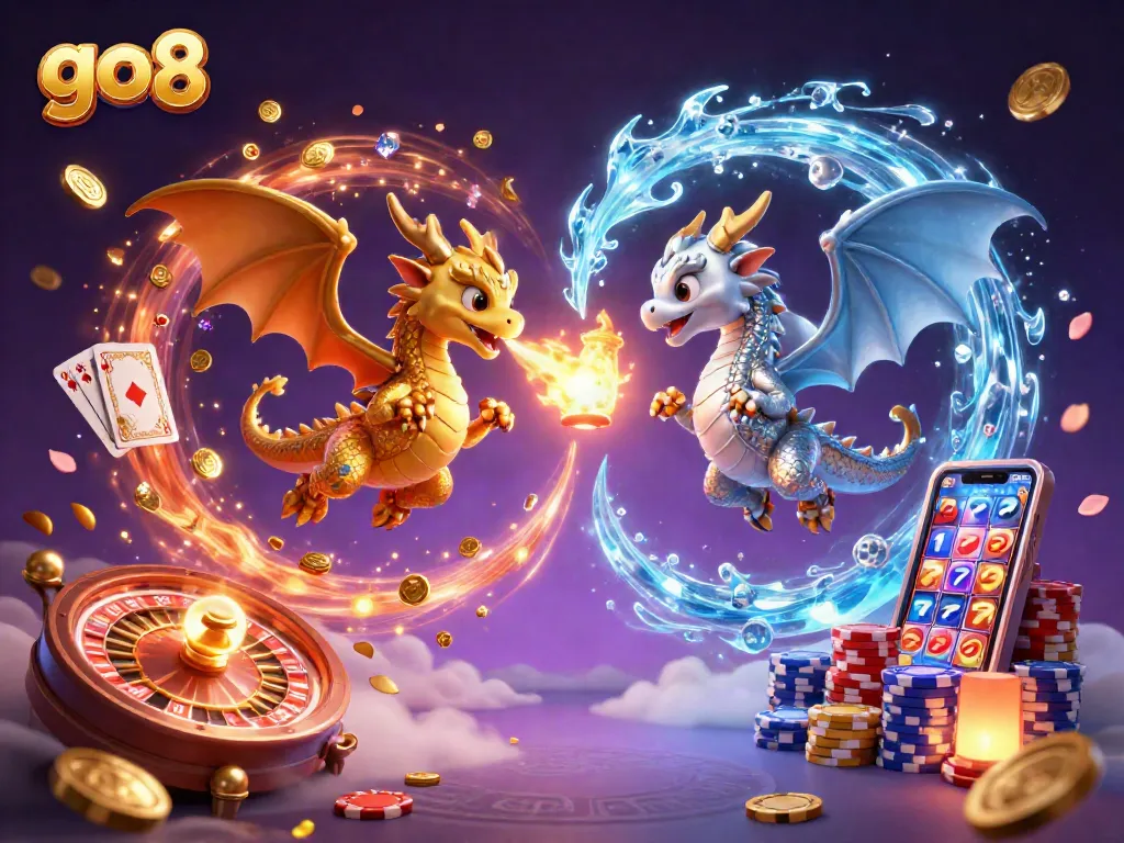 Engage in thrilling gaming adventures at GO8 with dynamic dragons and vibrant casino elements.