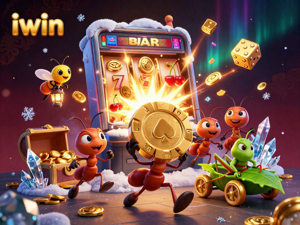 Experience an iwin-themed casino adventure with cartoon ants, dice, and a jackpot slot machine.