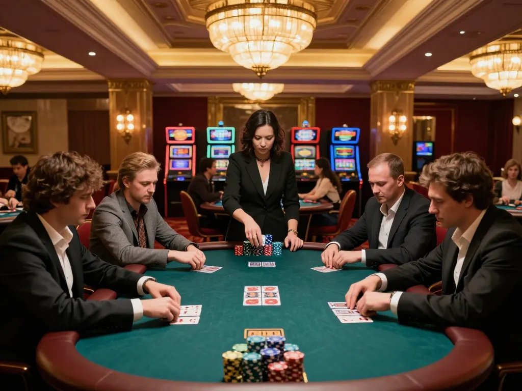 Engaged players experiencing v788 WIN at a high-end poker table in an upscale casino.