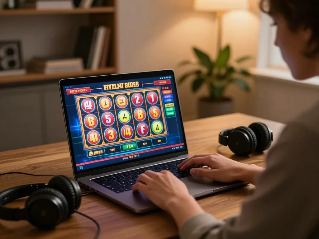 Engaging in immersive gaming at tg88 com with vibrant slots on screen during cozy home setup