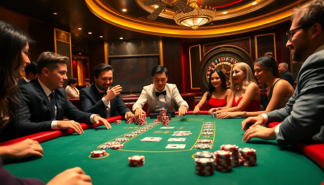 Players wagering at a thabet777 poker table in an elegant casino setting.