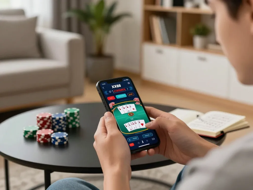 Player engaging in poker on the XX88 app in a cozy living room setting.