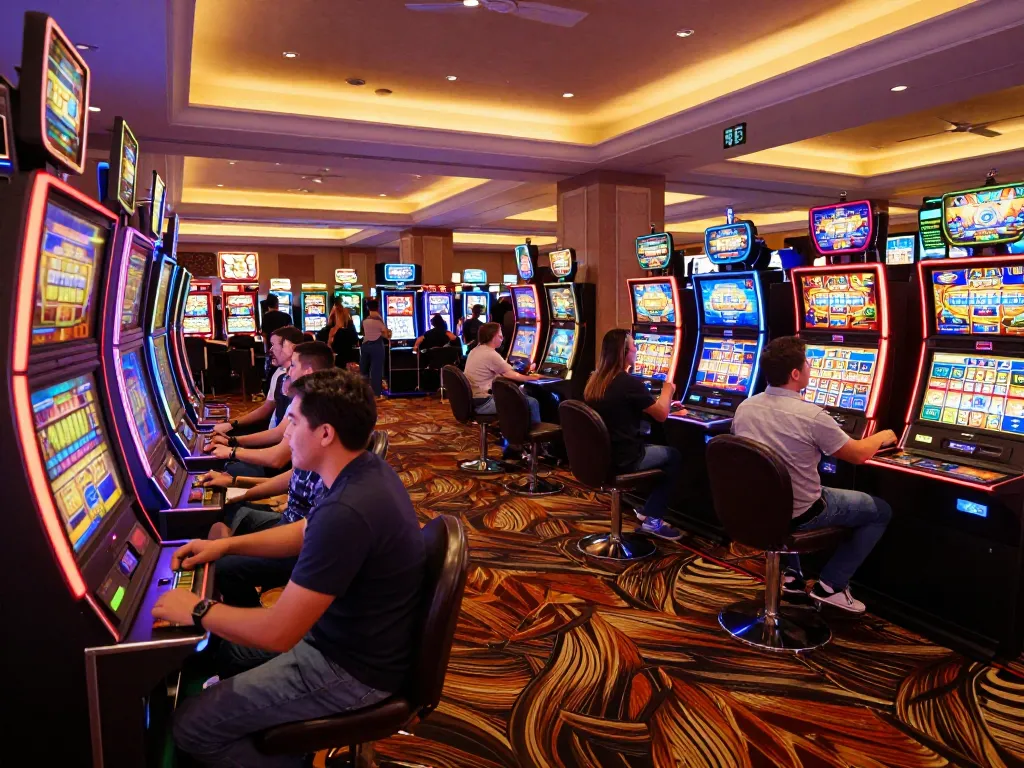 SX88 players celebrating a win at vibrant slot machines in a lively casino environment