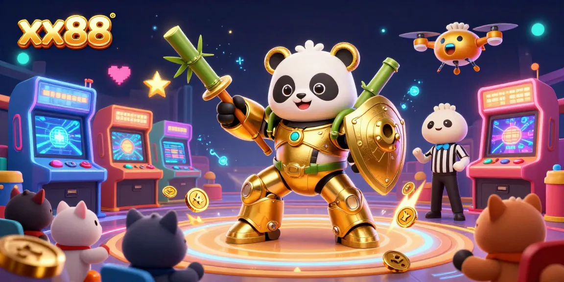 Engage with thrilling gaming at xx88, showcasing a dynamic arena with a golden panda and interactive elements from arcade to casino.