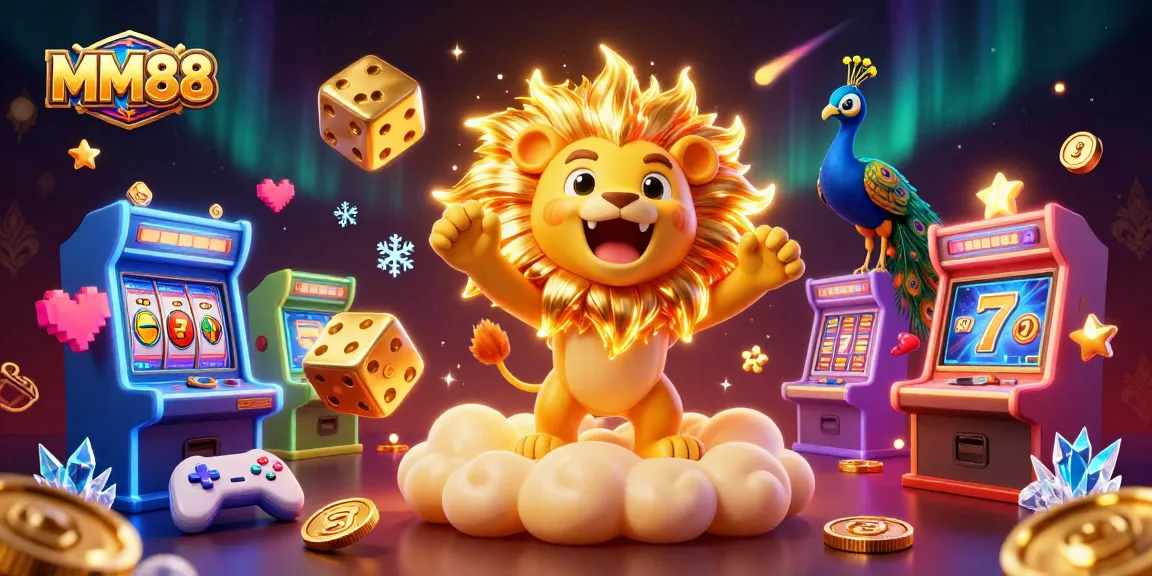 Experience the excitement of MM88 with a vibrant digital casino scene featuring a roaring lion, golden dice, and lively gaming elements.