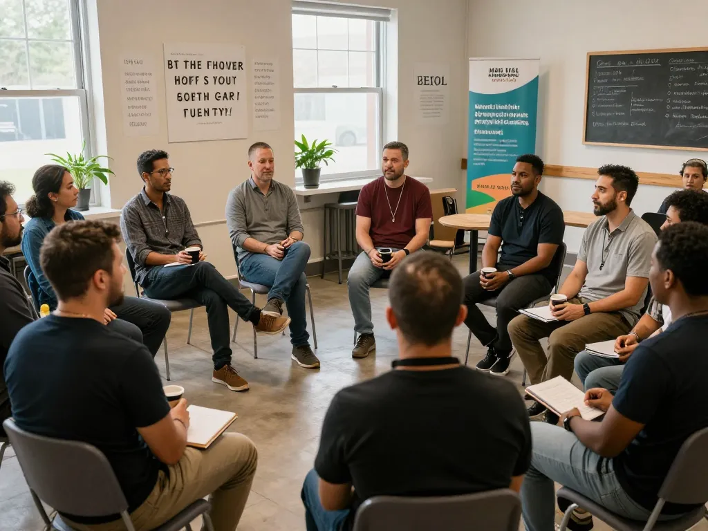 Men engaging in open discussions at ManClub community event.