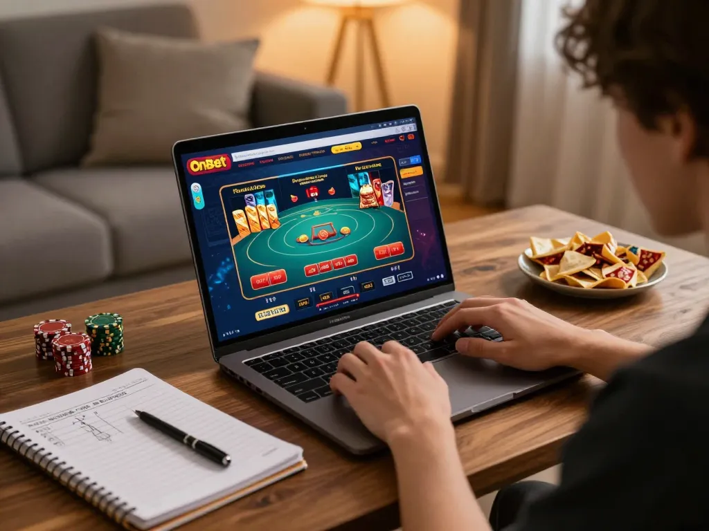 Experience engaging online gaming with OnBet, featuring a lively home setup and vibrant live dealer interface.