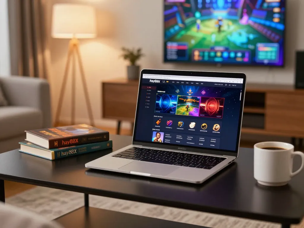 Player enjoys online casino gaming at home with the hay88x platform in view, emphasizing a cozy and strategic environment.