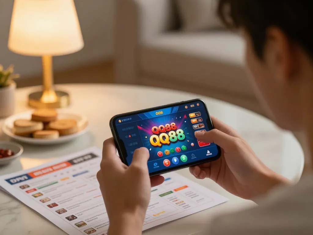Engaging user playing qq88 mobile casino app in a cozy living room setting