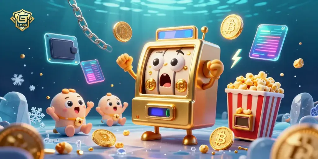 LC88's golden slot machine celebrates a jackpot, surrounded by cheering machines and vibrant crypto elements.