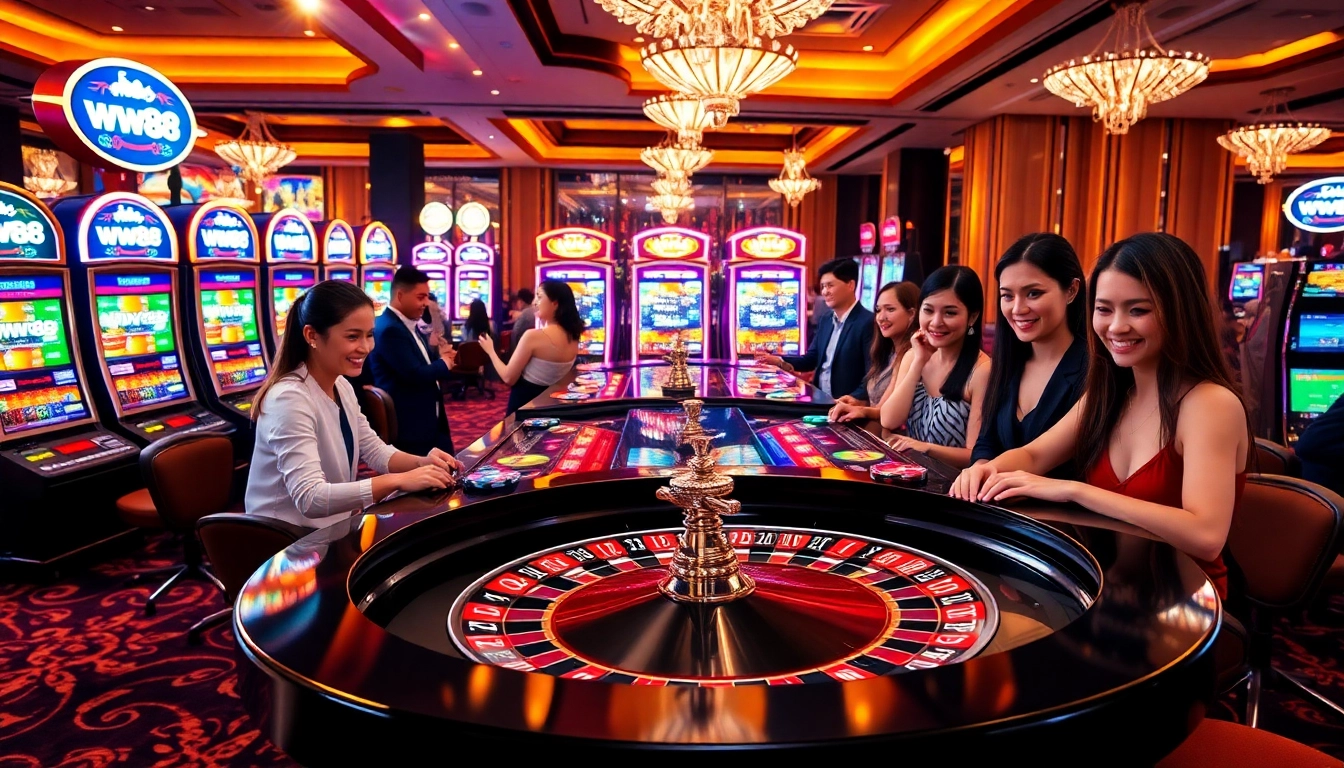 Experience the excitement of ww88 at a vibrant roulette table in a luxurious casino setting.