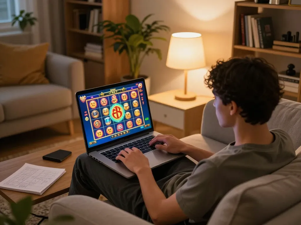 Engaging in fun88 gaming on a laptop in a cozy home setting.