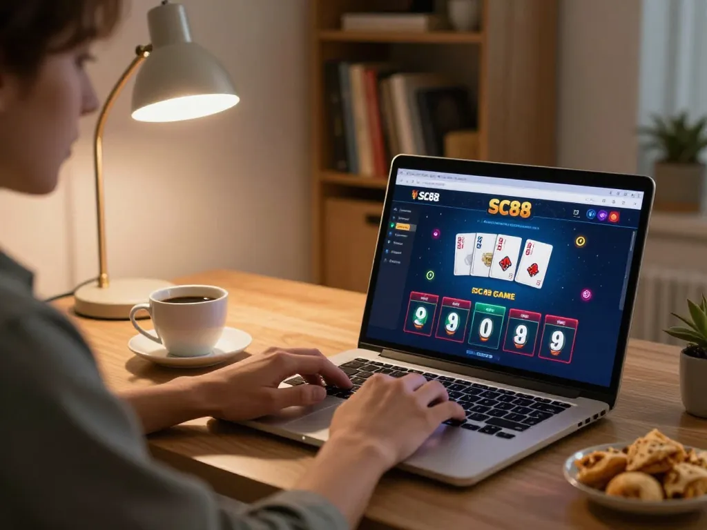 Engaged player exploring SC88 Game interface on laptop, creating a strategic online gambling environment