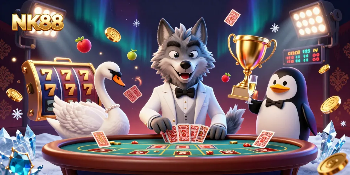 Experience the thrill of NK88 with slots, baccarat, and vibrant casino elements in a captivating 3D illustration.