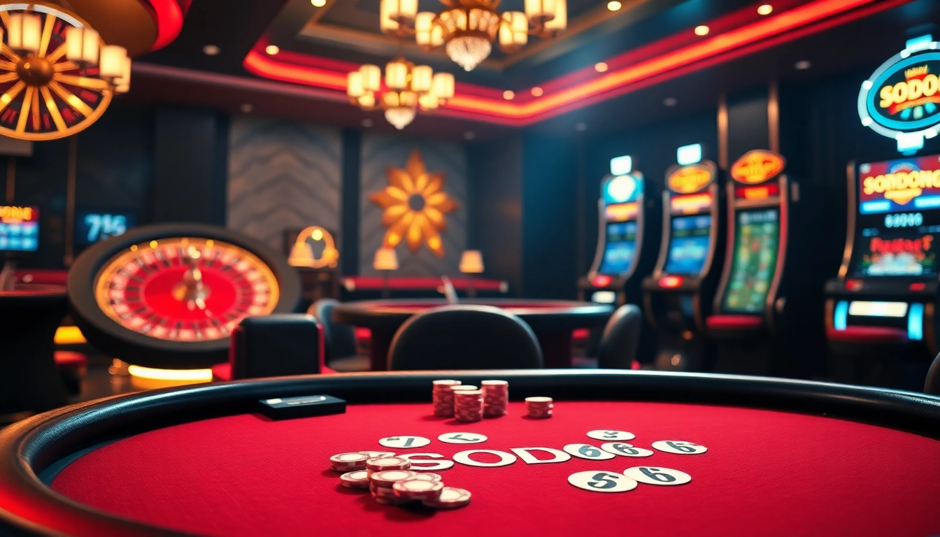 Exciting SODO66 casino scene with poker table, roulette wheel, and vibrant slot machines.