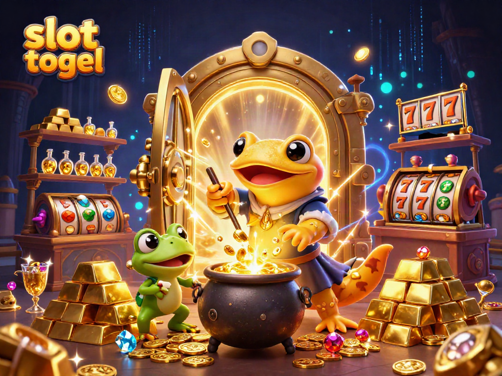Experience the excitement of slot togel with a fantastical scene of a golden salamander alchemist and friends.