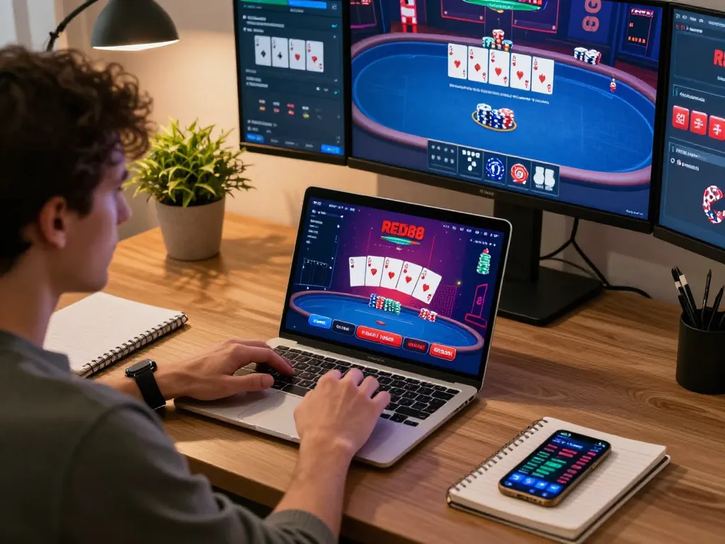 Engaged player strategizing in a poker game on RED88's online platform in a modern home office.