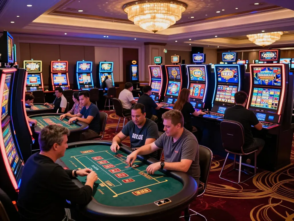 Players engaging at 789Club casino floor with vibrant slot machines and live dealer tables