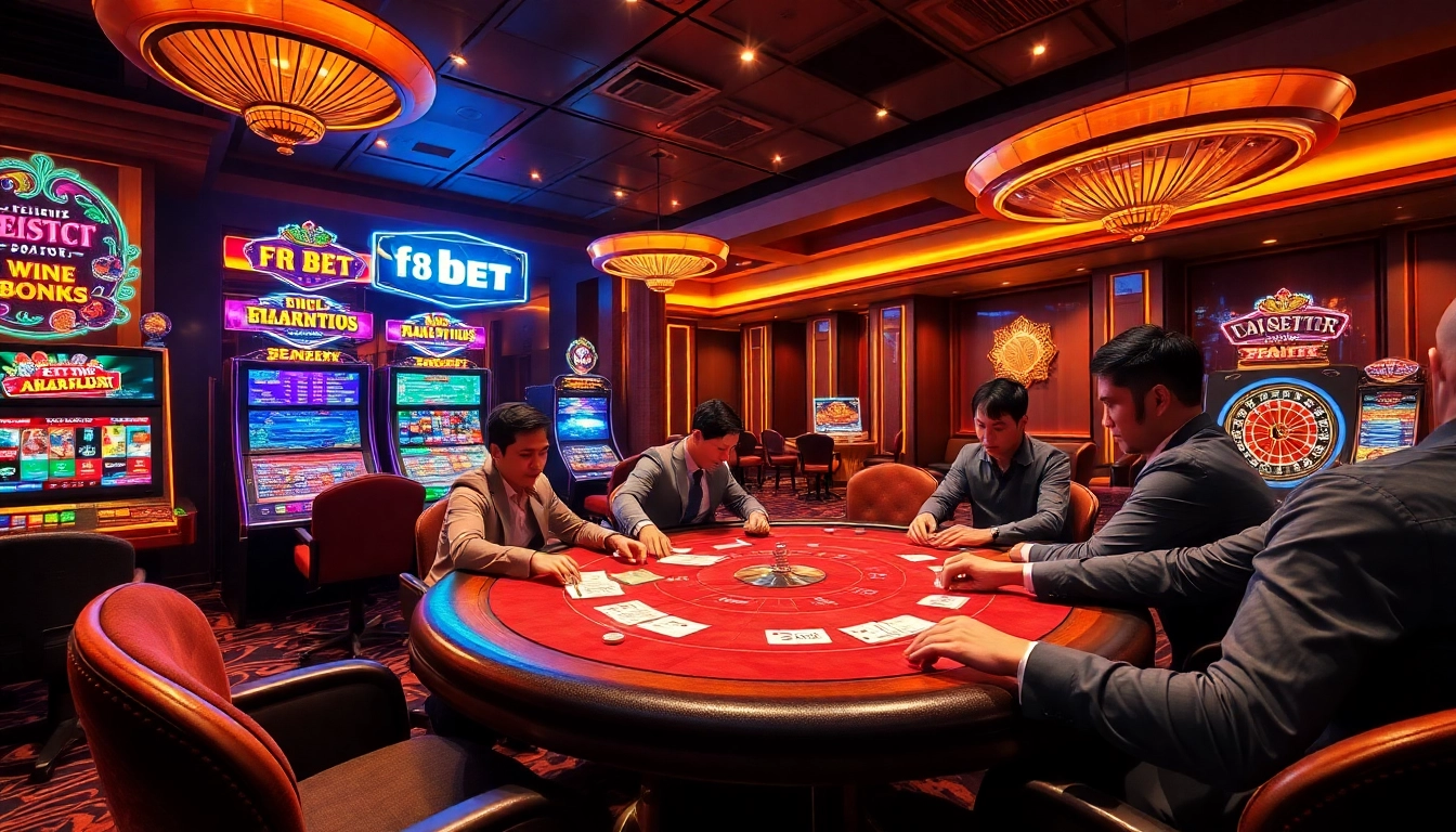 Engaged players enjoying a thrilling F8 BET gaming experience at a luxurious casino.