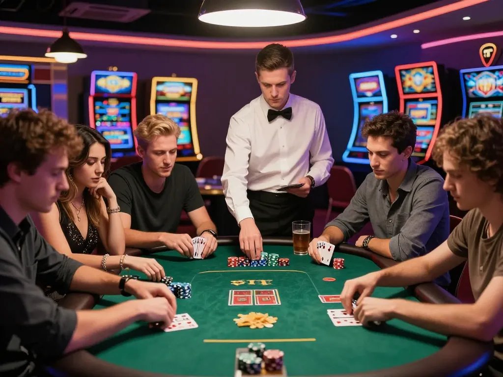 Friends enjoying keo nha cai at a vibrant poker table in a lively casino atmosphere.
