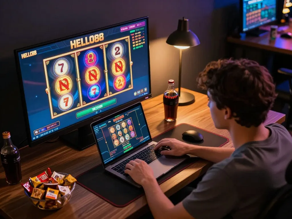 Engaging gameplay on the HELLO88 platform with colorful slot reels spinning on a laptop screen