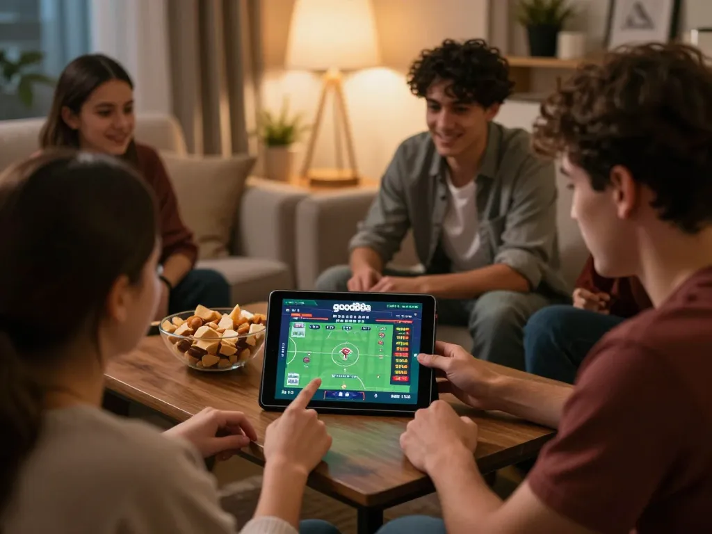Friends engaged in a thrilling gaming session on good88a, enjoying a cozy atmosphere with online betting.