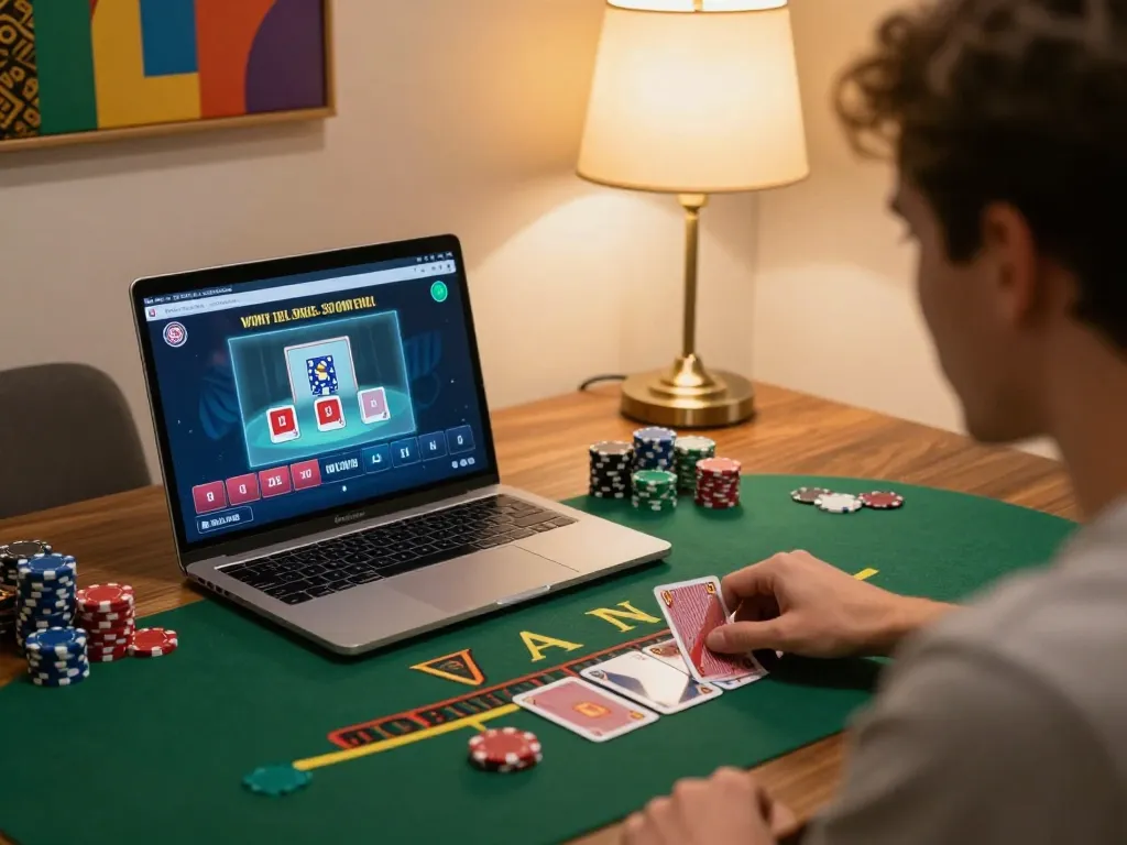 Play blackjack at home with GO8, enjoying an engaging online gaming experience on a laptop.